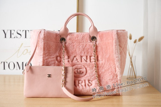 Chanel專櫃新款23k羊毛配皮粉色沙灘包 66941 香奈兒shoping bag購物袋 djc4627